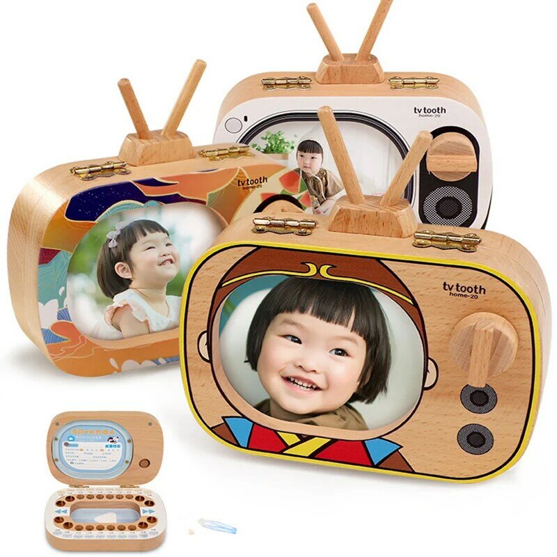 Caja de dientes de bebé, organizador de TV de madera de haya, Inglés/japonés, almacenamiento de dientes de leche, lindo