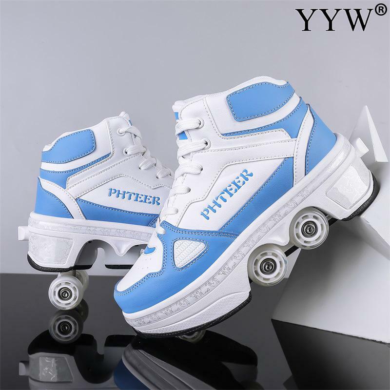 Scarpe da Skate a rotelle sportive per adulti in pelle Pu deformazione Casual Parkour Sneakers pattini con 4 ruote per tondi bambini di corsa