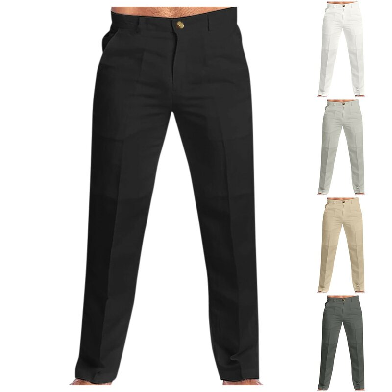 Pantalones de lino informales con bolsillo para hombre, ropa de calle elegante, color blanco y gris, talla grande 3xl