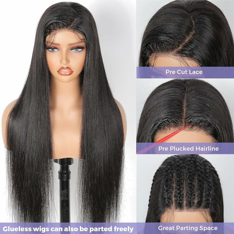Perruque Lace Front Wig sans colle brésilienne naturelle, cheveux lisses, 4x6, pre-cut, sans colle, pour femmes