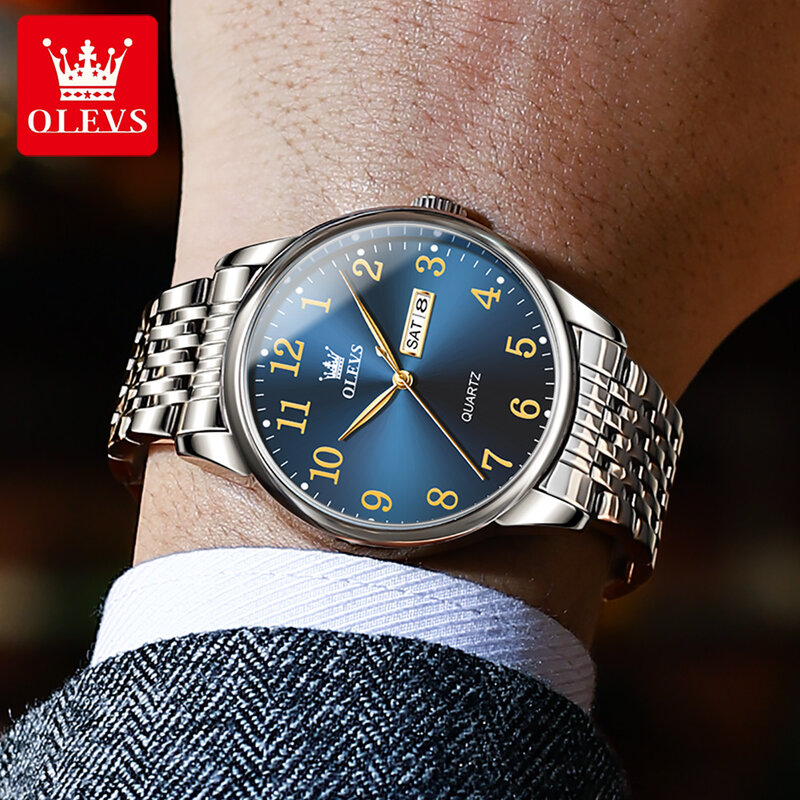 Olevs-男性用クォーツ腕時計、ビジネス時計、ステンレス鋼時計、シンプルなデジタルデザイン、トップブランド、高級