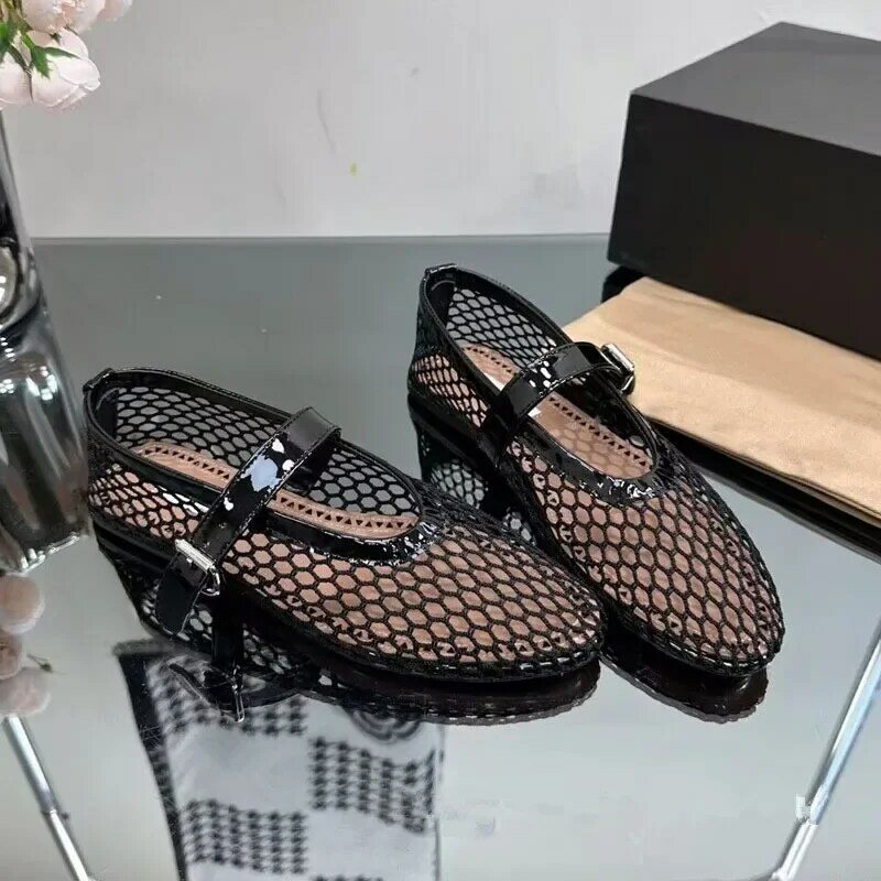 2024 Summer Women's Mesh Ballet Flat Shoes Women's Large Round Head Breathable and Comfortable Women's Sandals