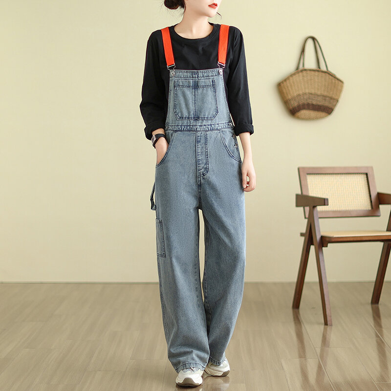 Aricaca Frauen Streetwear Denim Overalls Vintage lose lässige Hose mit weitem Bein hohe Taille Riemen gerade Jeans