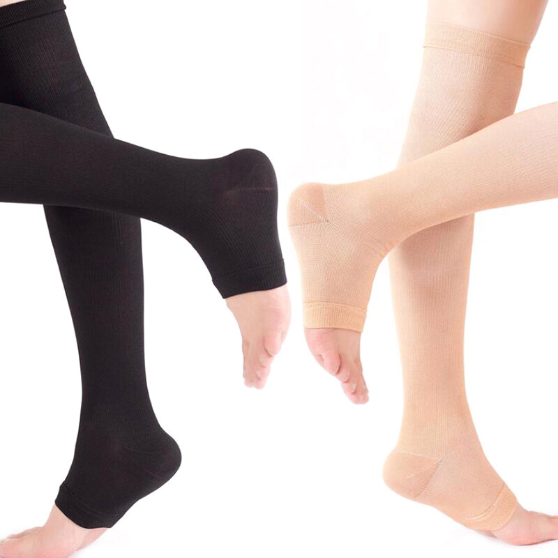 18-21 مللي متر مفتوحة اصبع القدم الركبة عالية الطبية ضغط جوارب الدوالي تخزين للجنسين ضغط هدفين التفاف تشكيل