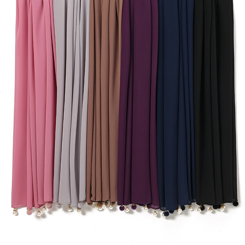 Syal jilbab sifon gelembung syal Muslim lembut panjang warna Solid wanita selendang bungkus mutiara bermanik untuk wanita syal rumbai