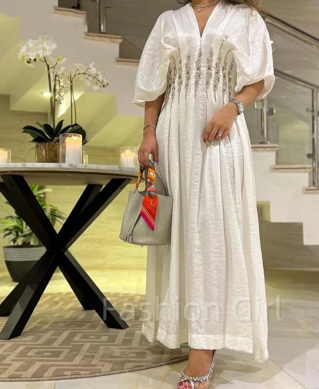 Elegant Vintage White Beading Sequined Sexy V-Neck Long Sleeves Ankle Length Formal Occasion Prom Dress Evening Party Gowns