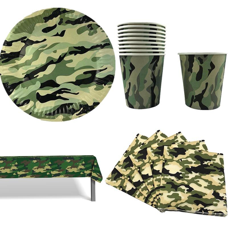 Camouflage Tableware Plates Cups Napkins Tablecloth Birthday Banner Boy Military Birthday Party Decorations Gun Balloon