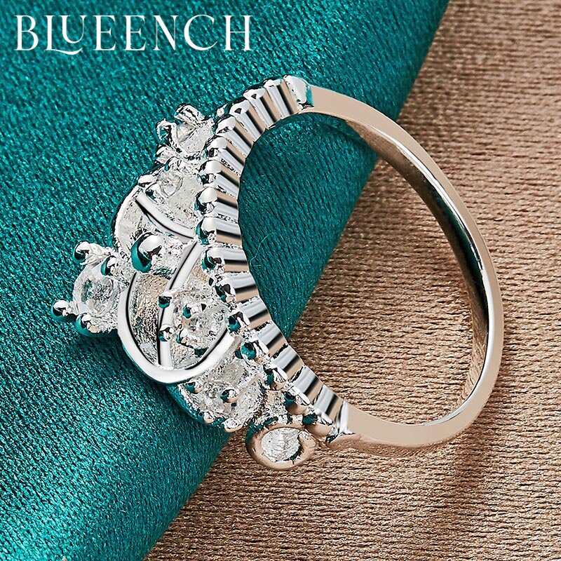 Blueench 925 Sterling Silver Crown Zircon Ring For Women Proposal Wedding Party Charm Temperament Fashion Jewelry