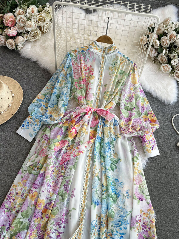 2024 Fashion Bohemain Flower Maxi Dress Women's Stand Long Lantern Sleeve Single Breasted Floral Print Lace Up Loose Boho Robe