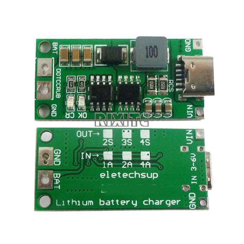 Placa do carregador da bateria do lítio, USB C, impulso step-up, módulo para o banco do poder do polímero do Li-Po, tipo C, BMS 2S, 3S, 4S, 1A, 2A, 4A, 18650