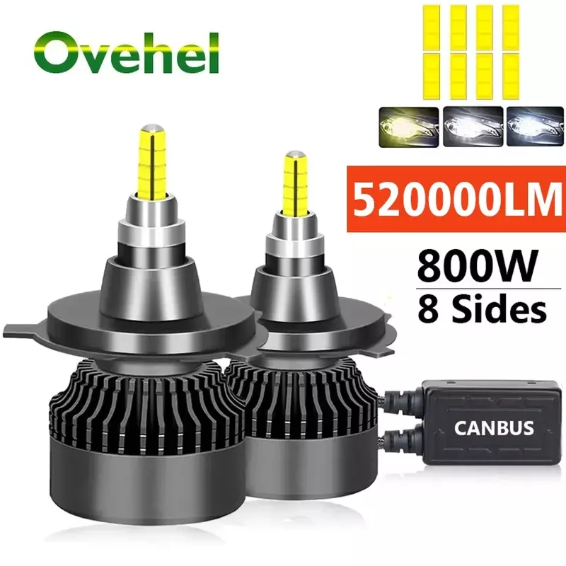 Ovehel ไฟ H11 H4 LED 800W CANbus 9012 HIR2 H7 H1 H3 H8 D1S HB3 D2S HB4ไฟหน้ารถ LED 9006ไฟตัดหมอก6000K 12V