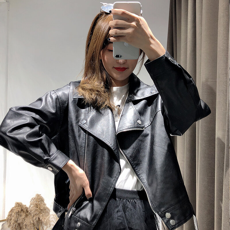Spring Women PU Leather Motorcycle Jacket Female With Belt Solid Color Jackets Ladys BF Style Loose Casual Jacket 2023