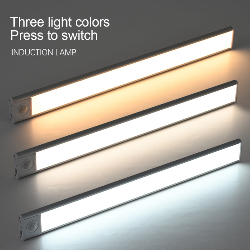 โคมไฟ LED แบบบางเฉียบแบบชาร์จไฟได้เซ็นเซอร์เคลื่อนไหวกลางคืนไฟใต้ตู้กับข้าวโคมไฟ3สีแบบไร้สาย