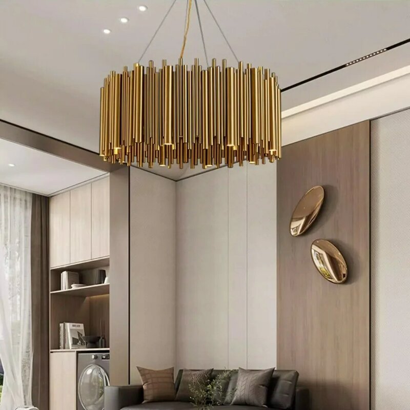 Люстра для гостиной, дуплексная современная простая креативная люстра из нержавеющей стали, интерьерное освещение, лампочка золотого цвета