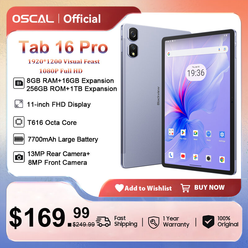 OSCAL-Blackview Tab 16 Pro Tablet, PC, T616, Octa Core, 11 "FHD + Display, 24GB, 8 GB RAM, 256GB ROM, 7700mAh, 4G, Android 14