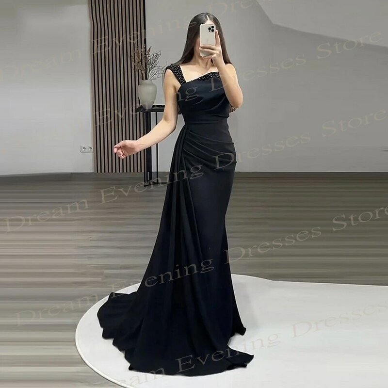 2024 Classic Sexy Black Women's Mermaid Simple Evening Dresses Modern One Shoulder Sleeveless Prom Gowns Beaded Formal Occasions