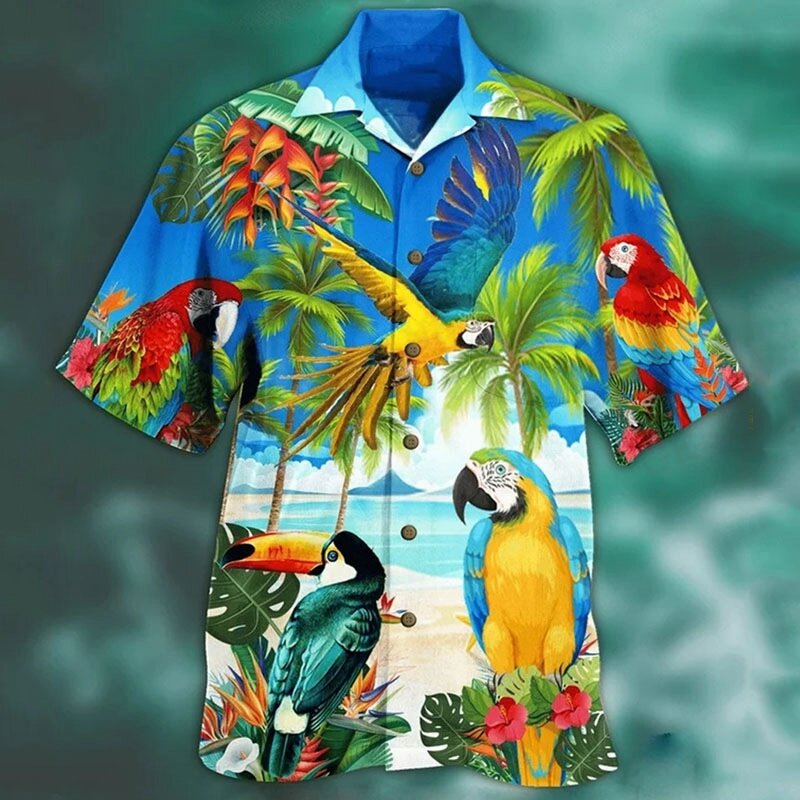 Camisa havaiana com estampa 3D masculina papagaio, blusa de praia casual manga curta, camisa lapela vocacional, moda menino