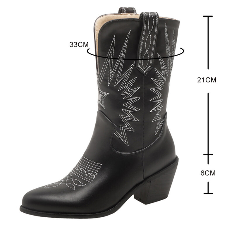 Stivali da cowboy occidentali donna zeppe grosse a metà polpaccio boot runway fashion ricamo in pelle PU donna caviglia bota punta a punta marca