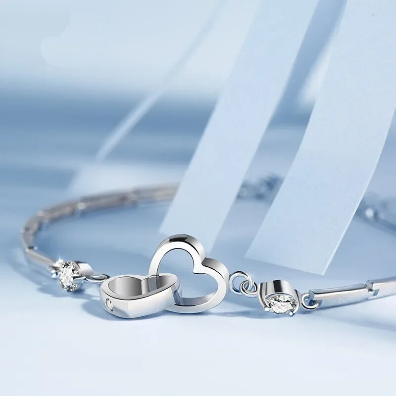 URMYLADY Charms 925 Sterling Silver Bracelets Bangles for Women Girl Valentine's Days Zircon Wedding Love Heart Jewelry