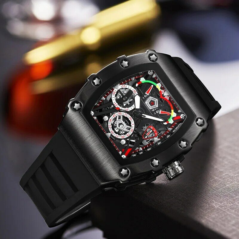 silicone strap square wine barrel large dial watch hollowed out surface calendar quartz watch for men and Students