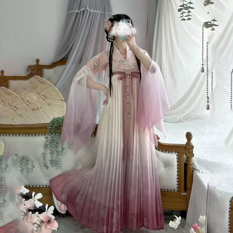 طقم فستان هانفو كلاسيكي على الطراز الصيني للنساء ، طباعة زهور أنيقة تقليدية ، فستان الأميرة ، تأثيري شرقي ، أردية الرقص المسرحي