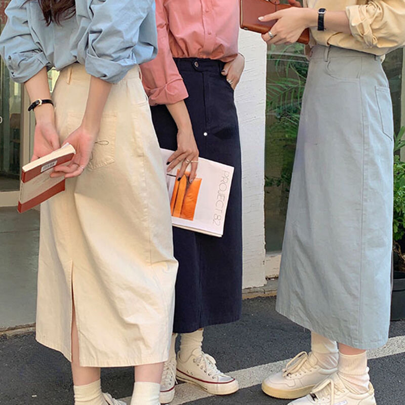 2023 Sommer Korea Stil Frauen Mittel kleid Rock Schlitz einfarbig schlank neues Design Mode weich schön für Mädchen