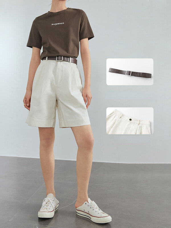 FSLE-pantalones cortos de mezclilla para mujer, Shorts informales de 100% algodón, de cintura alta, holgados, con cinturón, Estilo Vintage, para verano, 2023