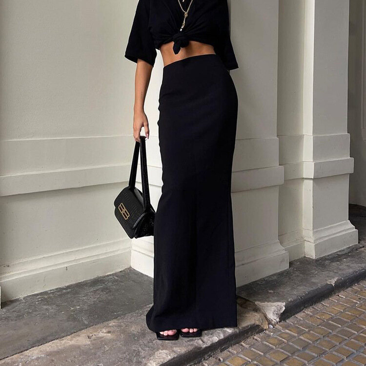 女性の気質ブラックスリムヒップスカート、長いハーフラップ、新しいファッション、夏、2024