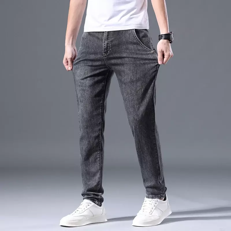 Nowa wiosna 2023 męskie Vintage niebieskie jeansy ze streczem w stylu klasycznym moda biznesowa tkanina jeansowa proste spodnie męskie spodnie markowe