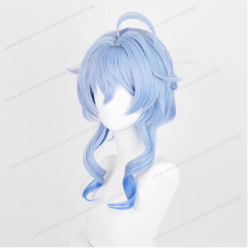 Wig Cosplay lentera Rite Ganyu rambut palsu Cosplay Anime rambut gradien biru panjang 45cm Wig sintetis tahan panas