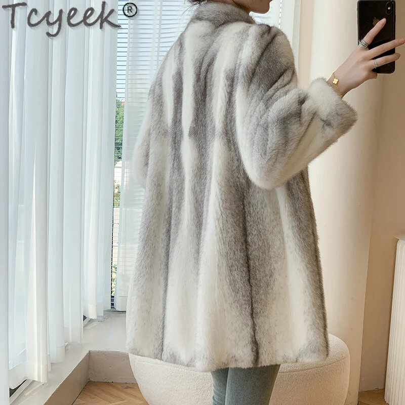 Tcyeek-casaco de pele de vison cruzado para mulheres, jaqueta real de comprimento médio, moda inverno quente, 2024