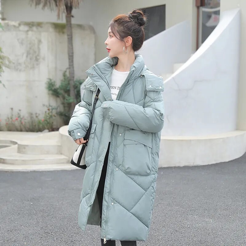 Giacca invernale donna lunga 2023 nuova giacca in piumino di cotone coreano sciolto tutto-fiammifero parka spesso femminile con cappuccio sopra il cappotto imbottito al ginocchio