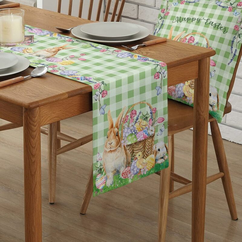 Easter Rabbit Colorful Eggs Flowers Green Plaid Linen Table Runners Washable Kitchen Dining Table Runners Wedding Decorations