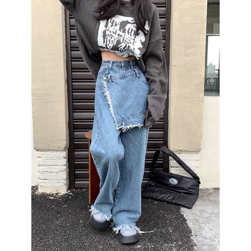 Женские мешковатые джинсы в стиле пэчворк Deeptown, Корейская винтажная юбка с широкими штанинами, джинсовые брюки Y2k, прямые брюки с высокой талией, кокетка
