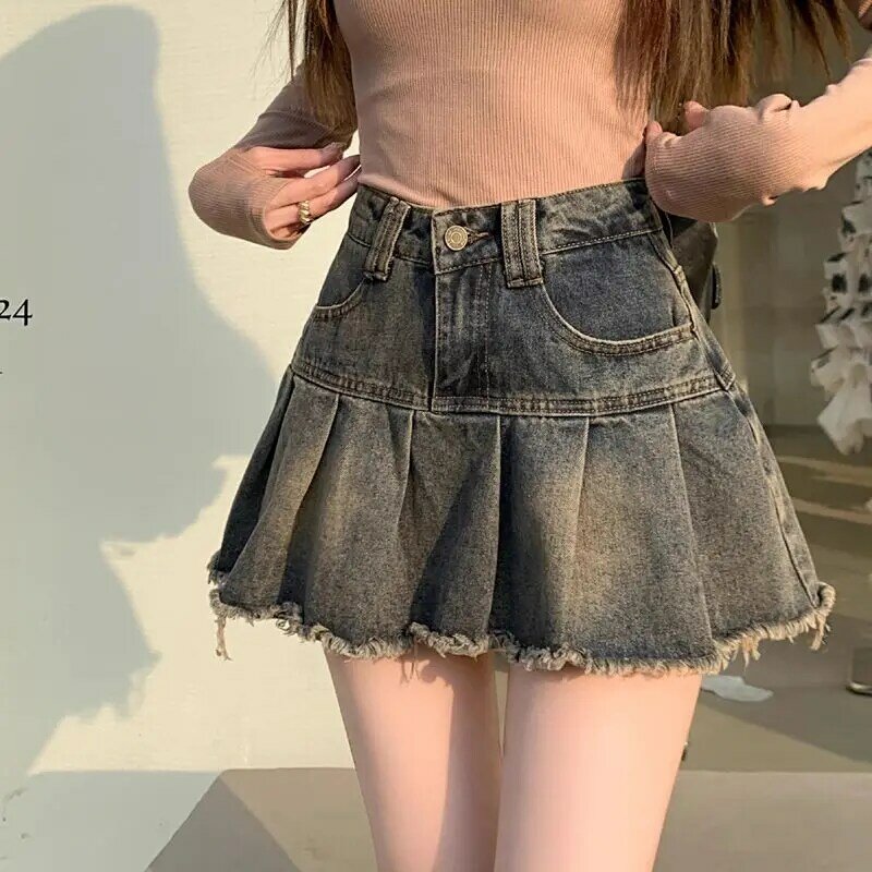 Deeptown Vintage Denim Skirt Women Pleated Sexy Short Skirts Retro Korean Fashion Aesthetics Casual A-line Streetwear Jean Skirt