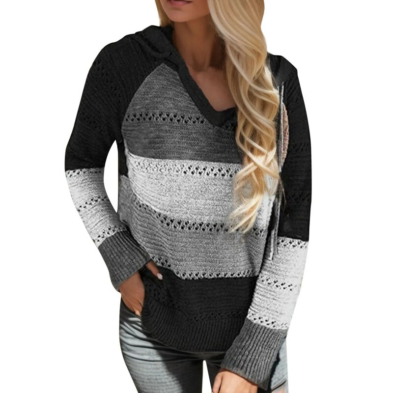 Blus Sweater bertudung untuk wanita, atasan Pullover garis-garis tambal sulam lengan panjang leher V ringan untuk wanita