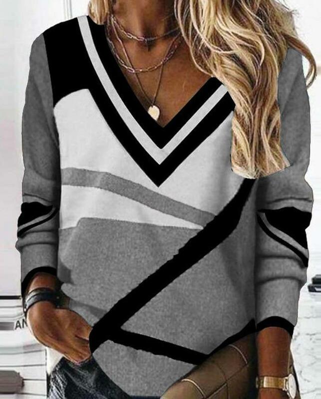 Woman Sweatshirt Autumn Fashion Colorblock Geometric Print Long Sleeve Casual V-Neck Daily Pullover Sweatshirt Woman Clothing