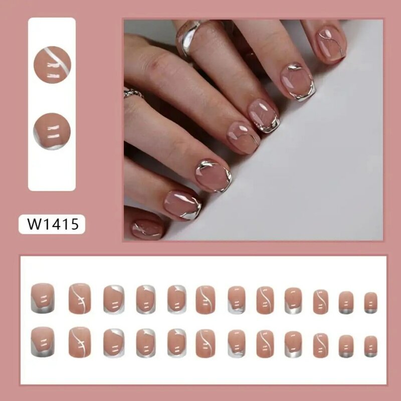 24pcs Press on Nails Short Round False Nails French Silver irregular lines Glitter Full Cover Nail Tips Detachable Fake Nails
