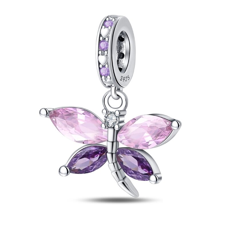 Breloque libellule double violet en argent regardé 925 pour femme, convient au bracelet Pandora, accessoires de bijoux à bricoler soi-même, date de printemps