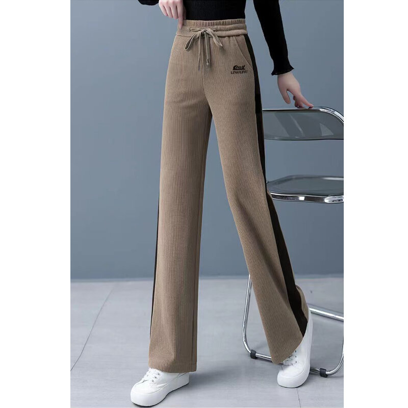 Nuove donne autunno inverno moda coreana Patchwork lettera ricamo pantaloni in pile femminile Casual pantaloni dritti larghi Pantalones