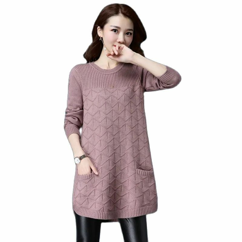 2023 nowy sweter damski jesienno-zimowy sweter z długim sweter z rękawami długa koszula z okrągłym dekoltem dzianinowe swetry bluzki damskie