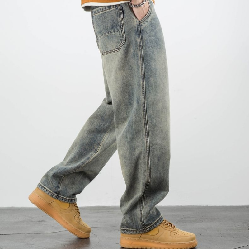 Джинсы мужские Стрейчевые с эффектом потертости, винтажные брюки в ковбойском стиле, свободные прямые мешковатые дизайнерские штаны в стиле ретро, повседневные готические брюки, Xs