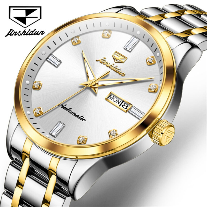 JSDUN-reloj mecánico clásico de acero inoxidable, pulsera con esfera redonda, calendario de visualización semanal, regalo, 8841
