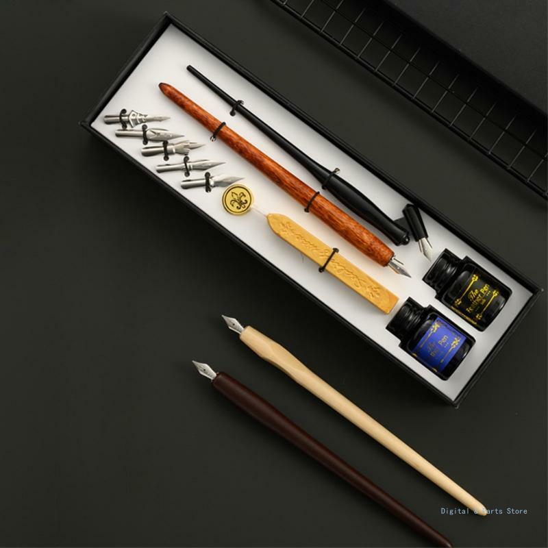 M17F Vintage Dip Pen Fountain Writing 5 Nibs Wax Seal Stamp Gift Box Stationery School Supplies