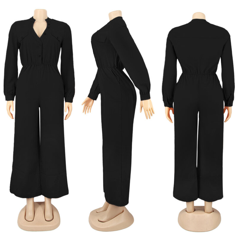 Fashion Casual Loose Women's Party Gathering Slim Solid Color Long Sleeve Jumpsuit Without Belt