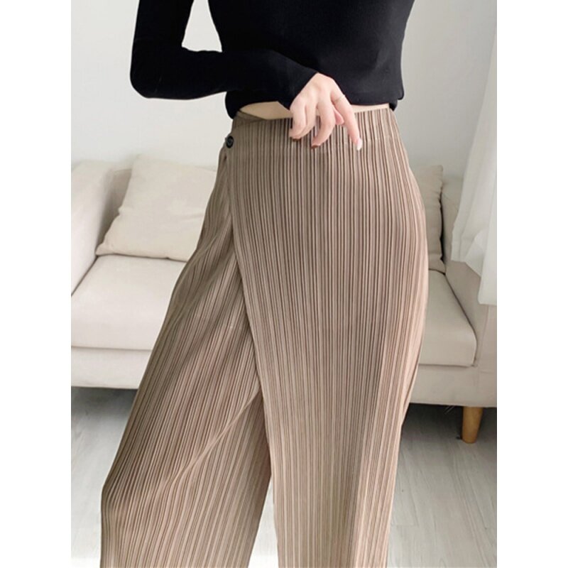 Pantalon plissé uni pour femme, longueur de rinçage, taille élastique, jambe large, droit, été 2023