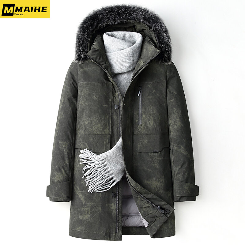 Down Jacket Men's And Women's Long Winter Fur Collar Hooded Parka Outdoor Loose Thickened Lightweight Grey Duck Down Padded Coat