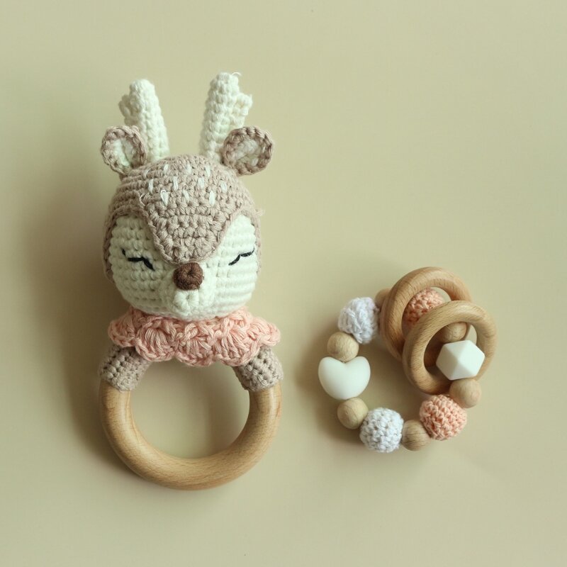 3 Pcs Infants Wooden Beads Rattle Teether Nursing Baby Newborn Teething Bracelets Crochet Elk Soother