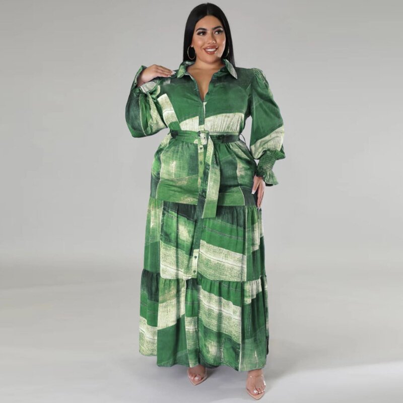 Plus Size Dresses Casual Printed Loose Long Dresss with Belt Autumn Long Sleeve Turn Down Collar Vestidos Vintage Women Clothing