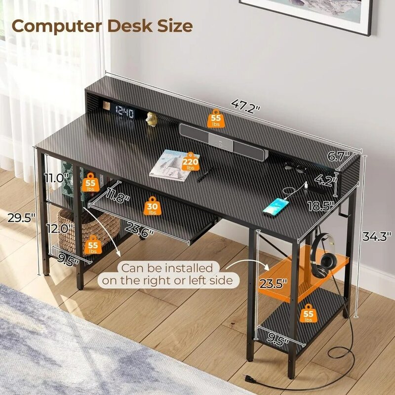 Biurko komputerowe z oświetleniem LED i gniazdami zasilania, biurko do gier 47 cali z półkami do przechowywania, biurko do domowego biura z tacą na klawiaturę